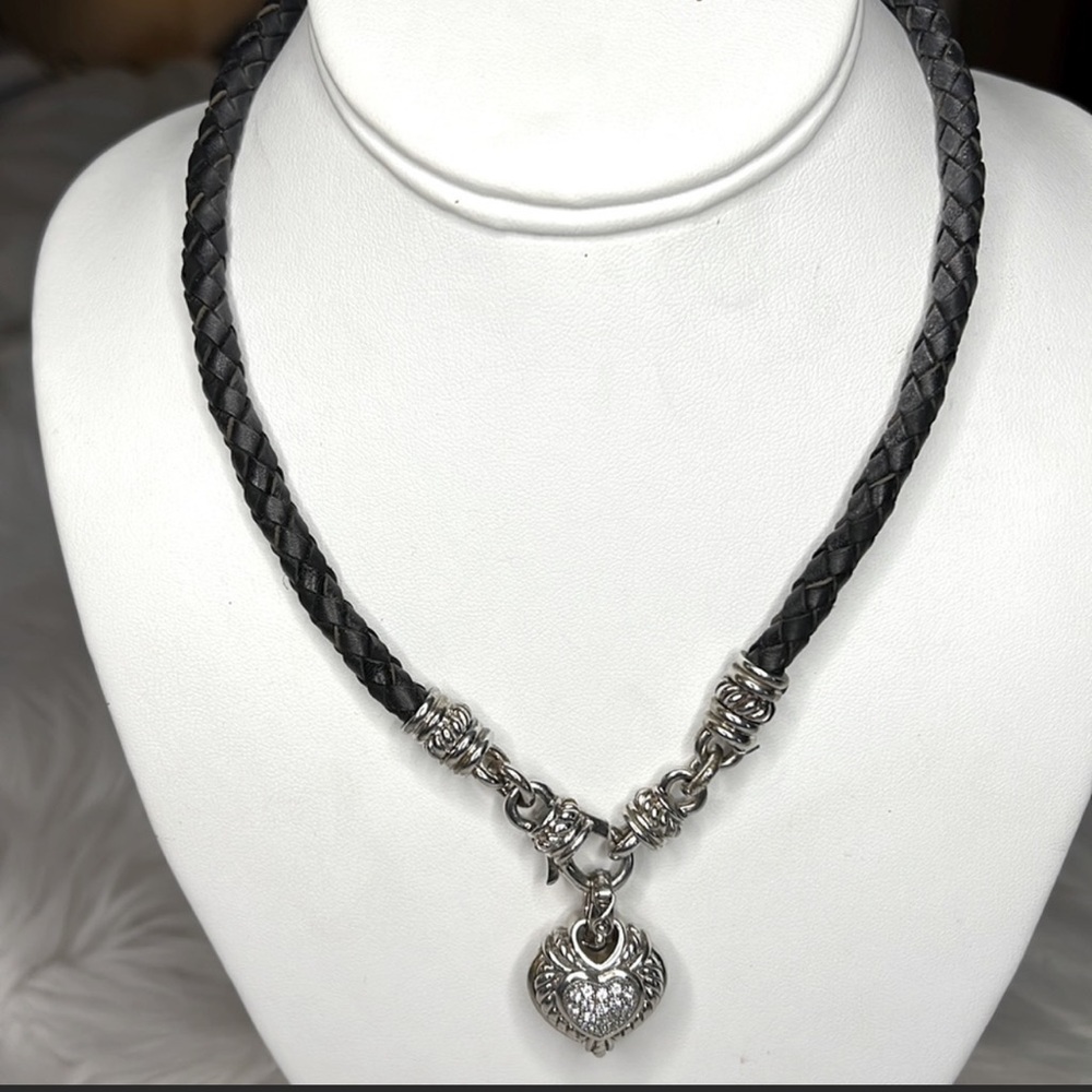Judith Ripka braided leather and Sterling silver heart necklace new without tags